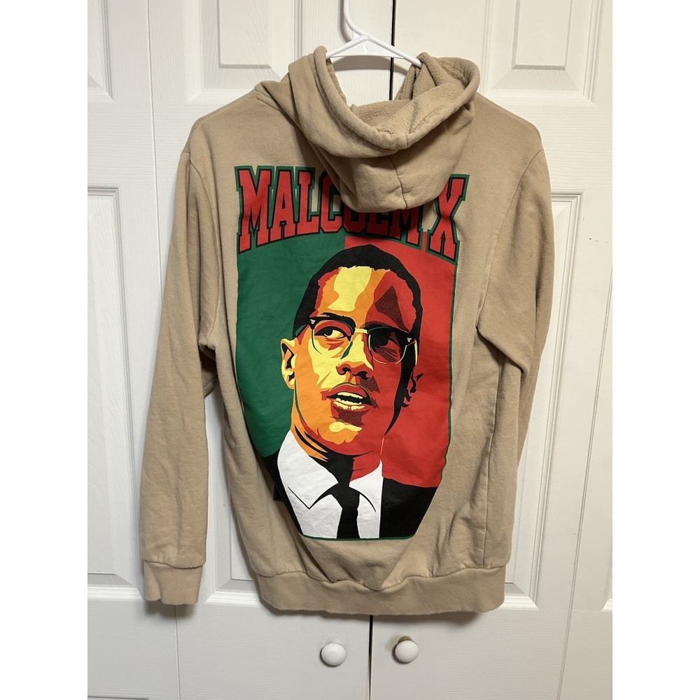 Reason Brand Malcolm X Pullover Hoodie, Tan w/Malcolm X Graphics, Size-Medium